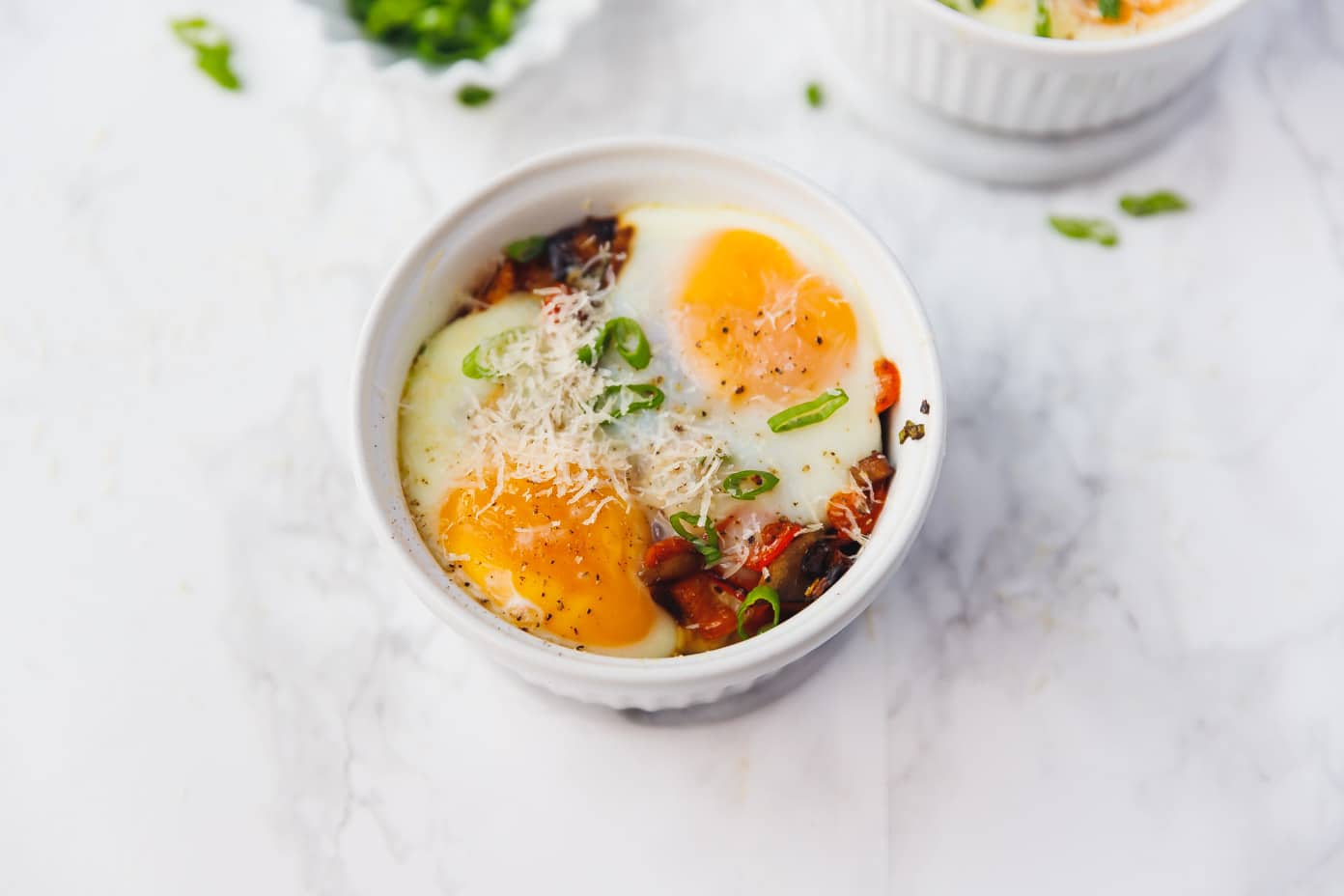 Baked Eggs in Ramekins (Mushrooms, Peppers, Green Onions)