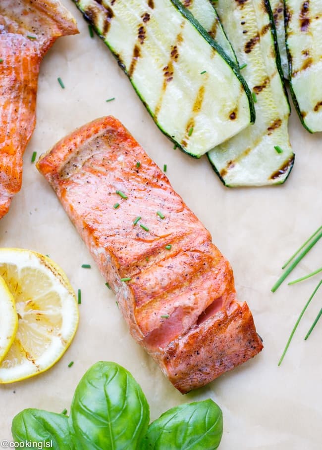 Salmon With Grilled Zucchini And Lemon Basil Vinaigrette