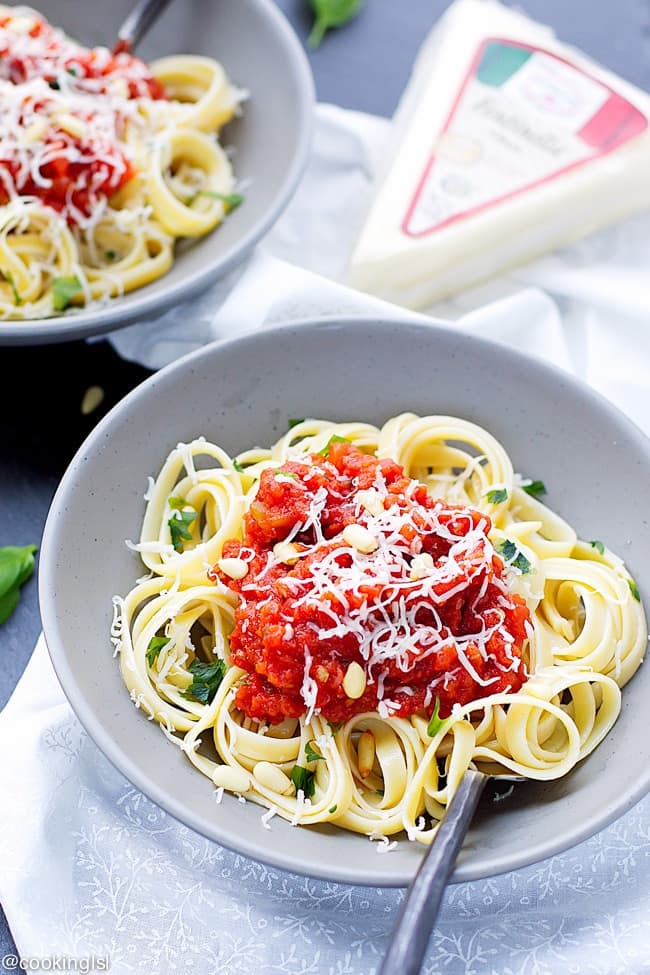 Fettuccine With Homemade Red Pasta Sauce And Fontinella Cheese