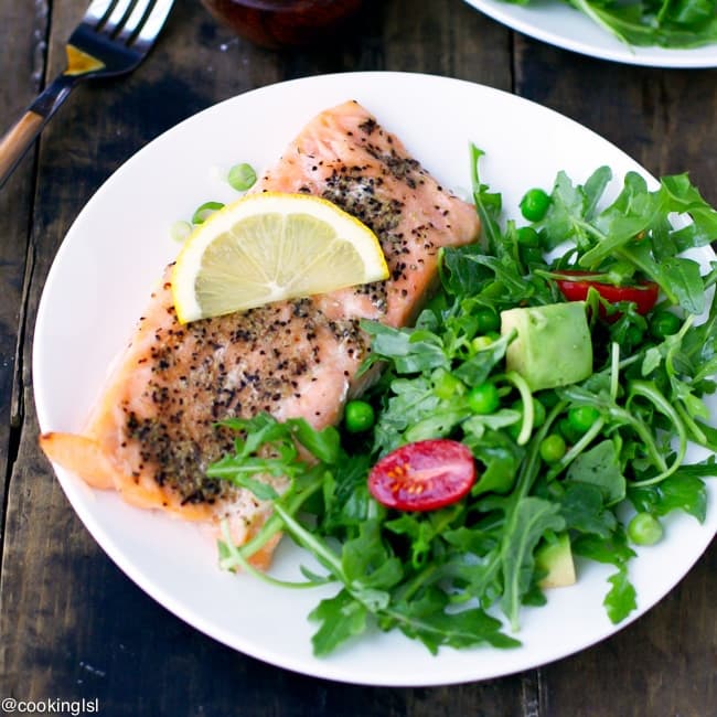Salmon With Arugula Pea And Avocado Salad