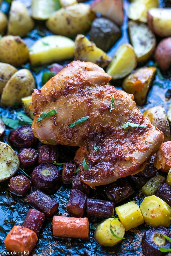 SHEET PAN HARISSA CHICKEN WITH POTATOES AND CARROTS