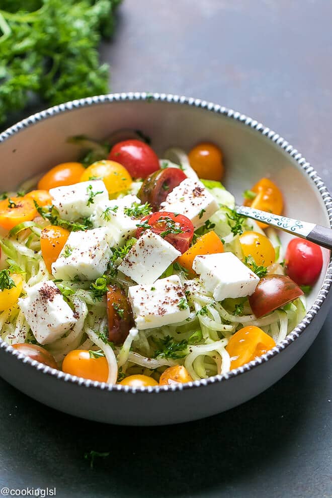 Spiralized Cucumber Salad With Tomatoes And Feta