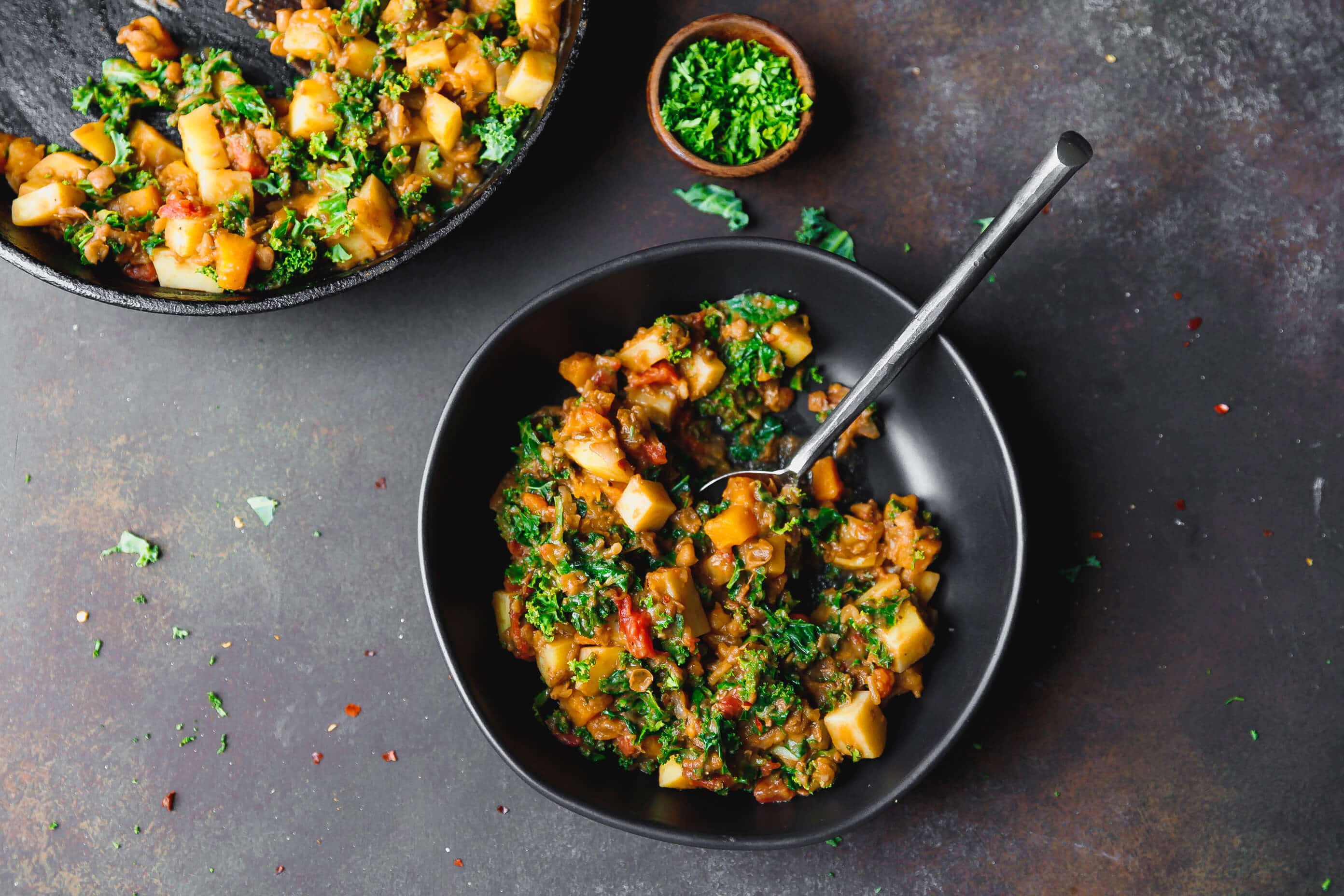 Lentil stew with potatoes and kale