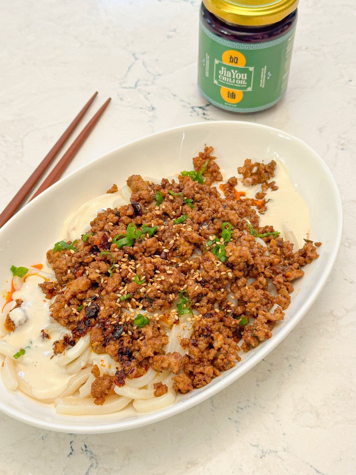 Creamy Tofu Udon Noodles with Minced Pork