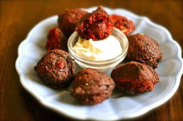 Denny's-Style Red Velvet Pancake Puppies with Cream Cheese Icing