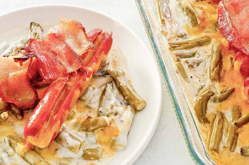 Easy Hot Dog Casserole with Green Beans and Bacon