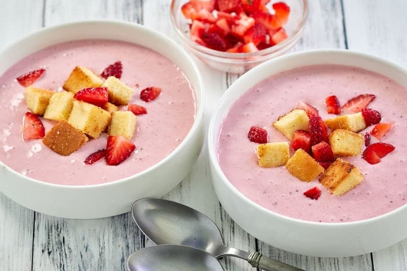 Chilled Strawberry Soup with Toasted Pound Cake Croutons