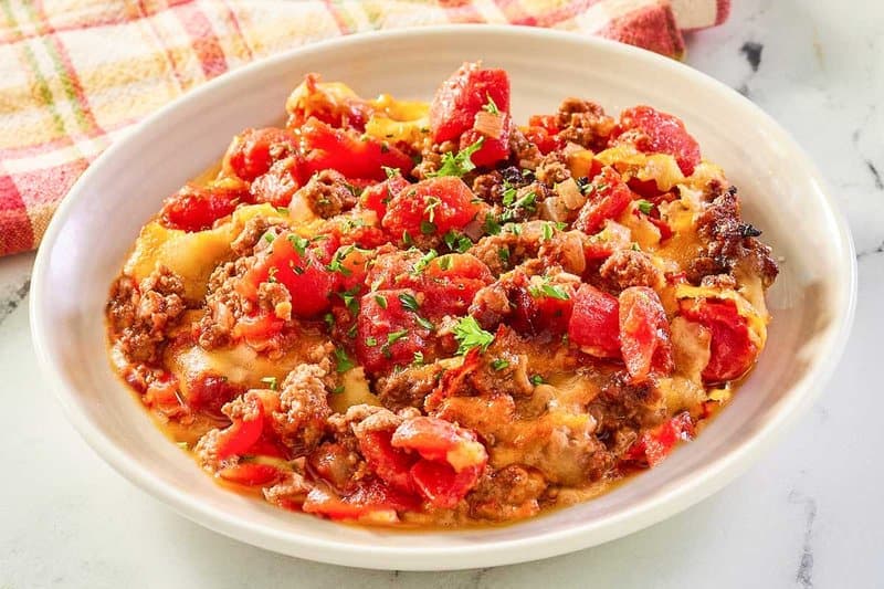 Classic Hamburger Hash Casserole with Tomatoes