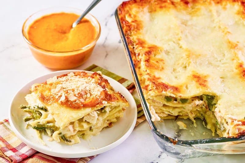 Creamy White Chicken Lasagna - Asparagus & Wine Sauce