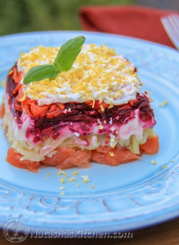 Shuba with Salmon, a twist on Herring Salad