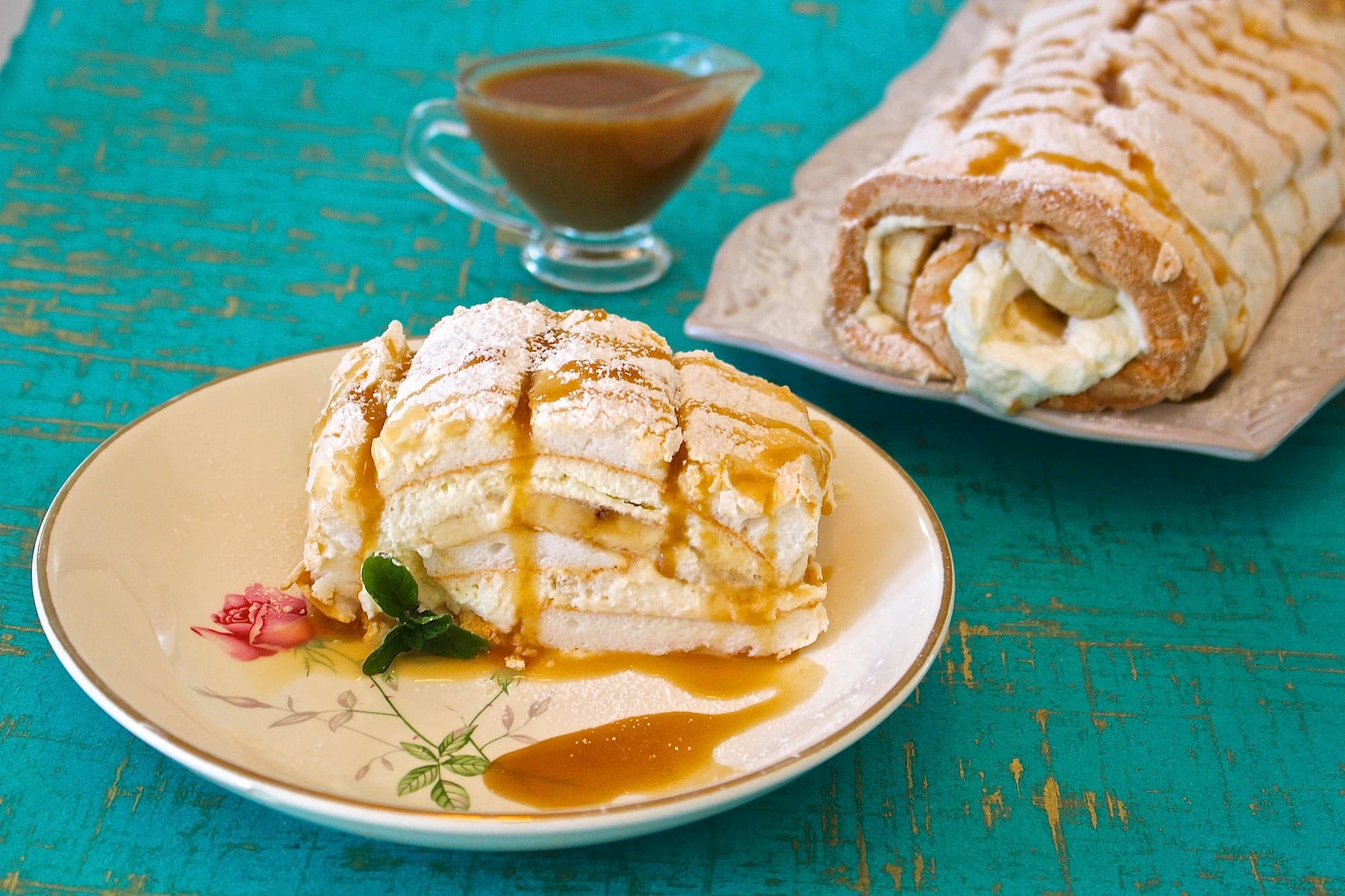 Meringue Roulade with Bananas & Butterscotch