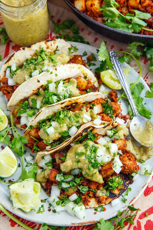 Chorizo and Potato Tacos with Avocado Salsa Verde