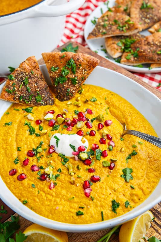 Roasted Carrot and Tahini Soup with Pomegranate and Pistachios