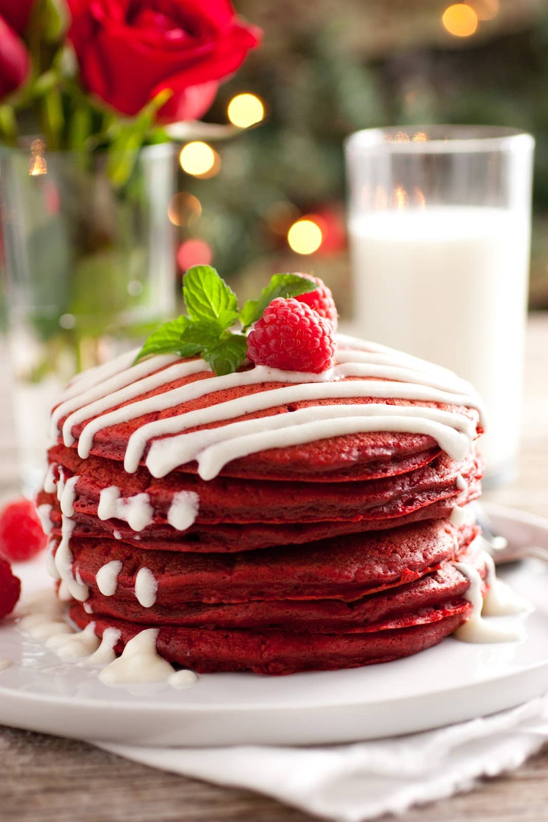 Red Velvet Pancakes with Cream Cheese Glaze {Perfect for Christmas}