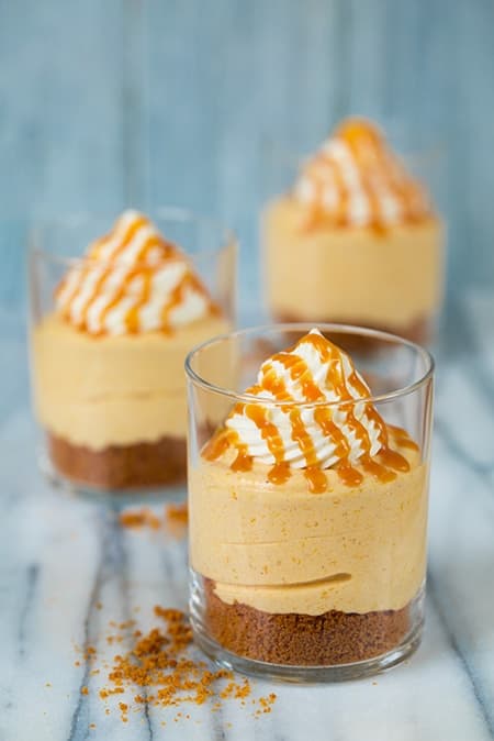 No Bake Pumpkin Cheesecakes with Salted Caramel Sauce