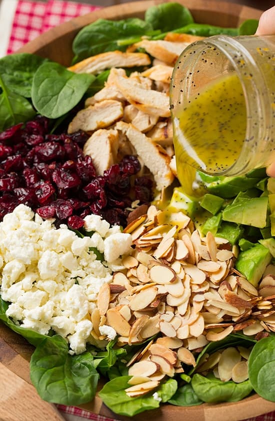 Cranberry Avocado Spinach Salad with Chicken and Orange Poppy Seed Dressing