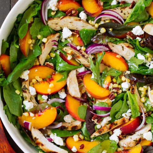Peach Salad {with Grilled Basil Chicken and White Balsamic-Honey Vinaigrette}