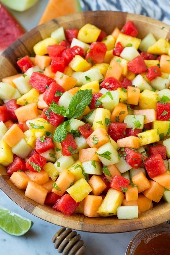 Melon Fruit Salad with Honey, Lime and Mint Dressing