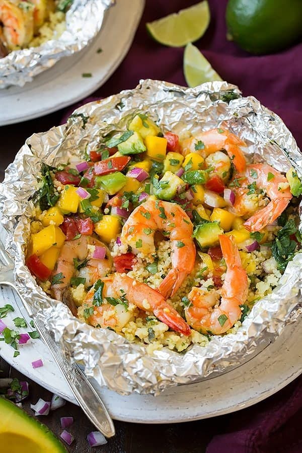 Shrimp and Couscous Foil Packets with Avocado-Mango Salsa