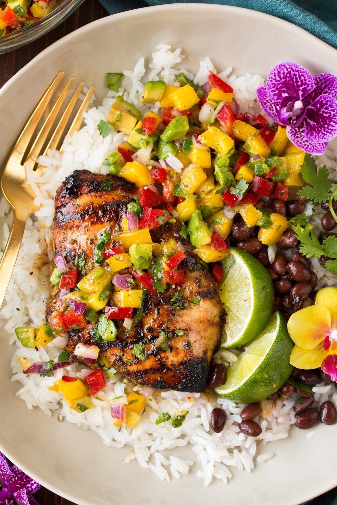 Jerk Chicken with Mango Avocado Salsa and Coconut Rice