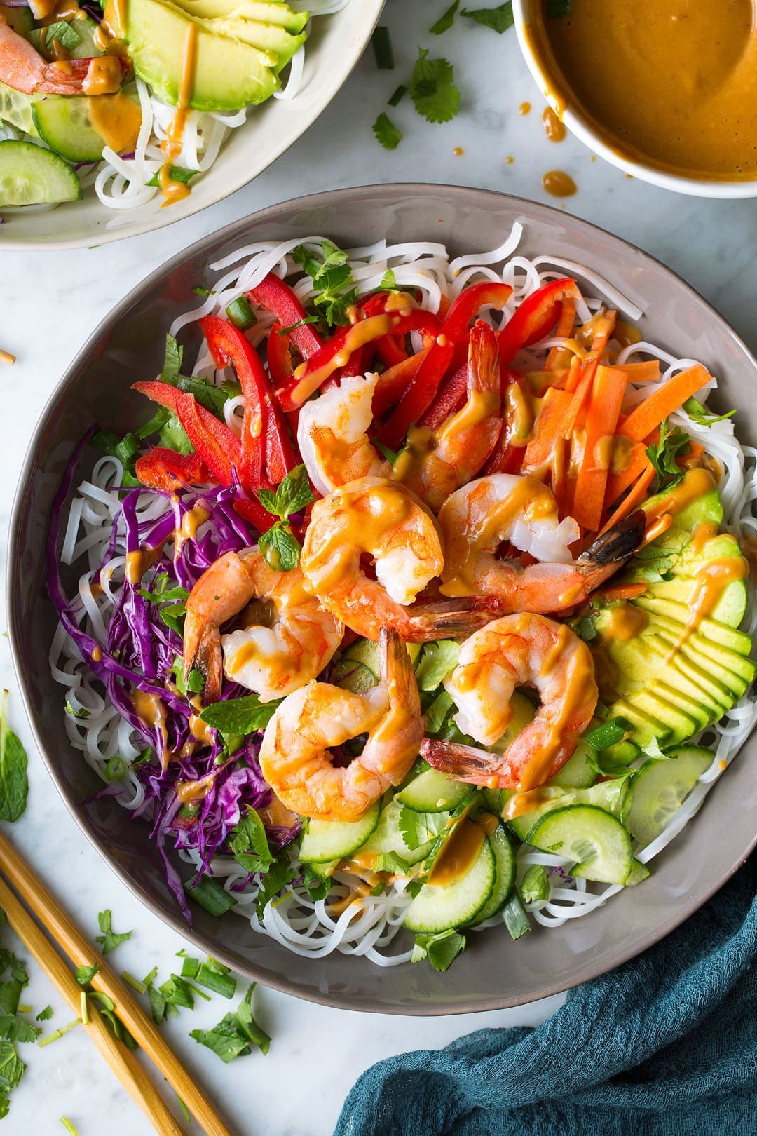 Rainbow Spring Roll Bowls Shrimp or Chicken and Peanut Sauce