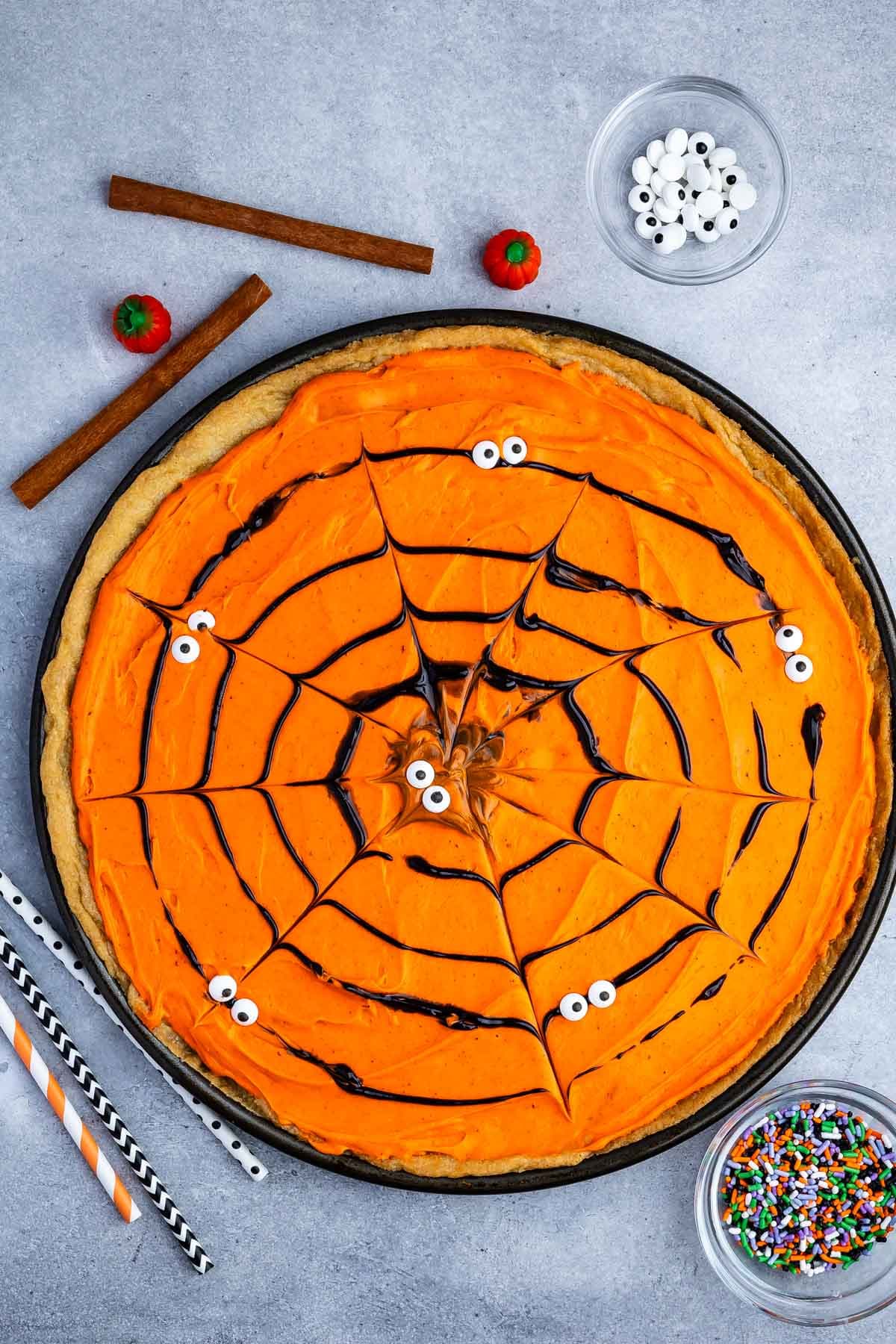 Pumpkin Spice Spiderweb Cookie Pizza