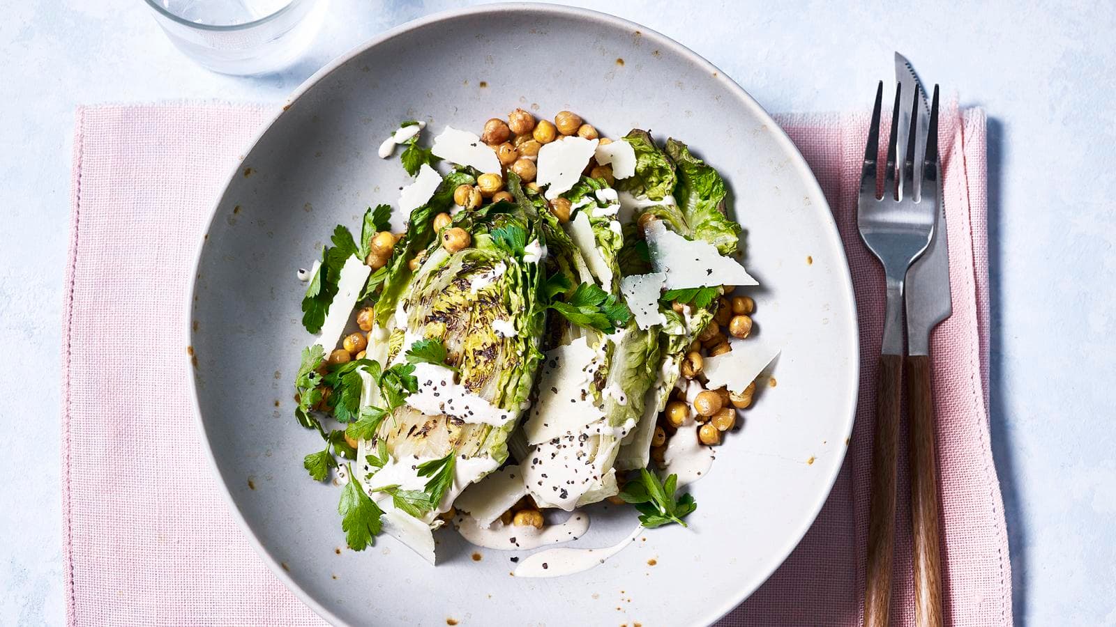 Grilled Caesar salad with crispy chickpeas